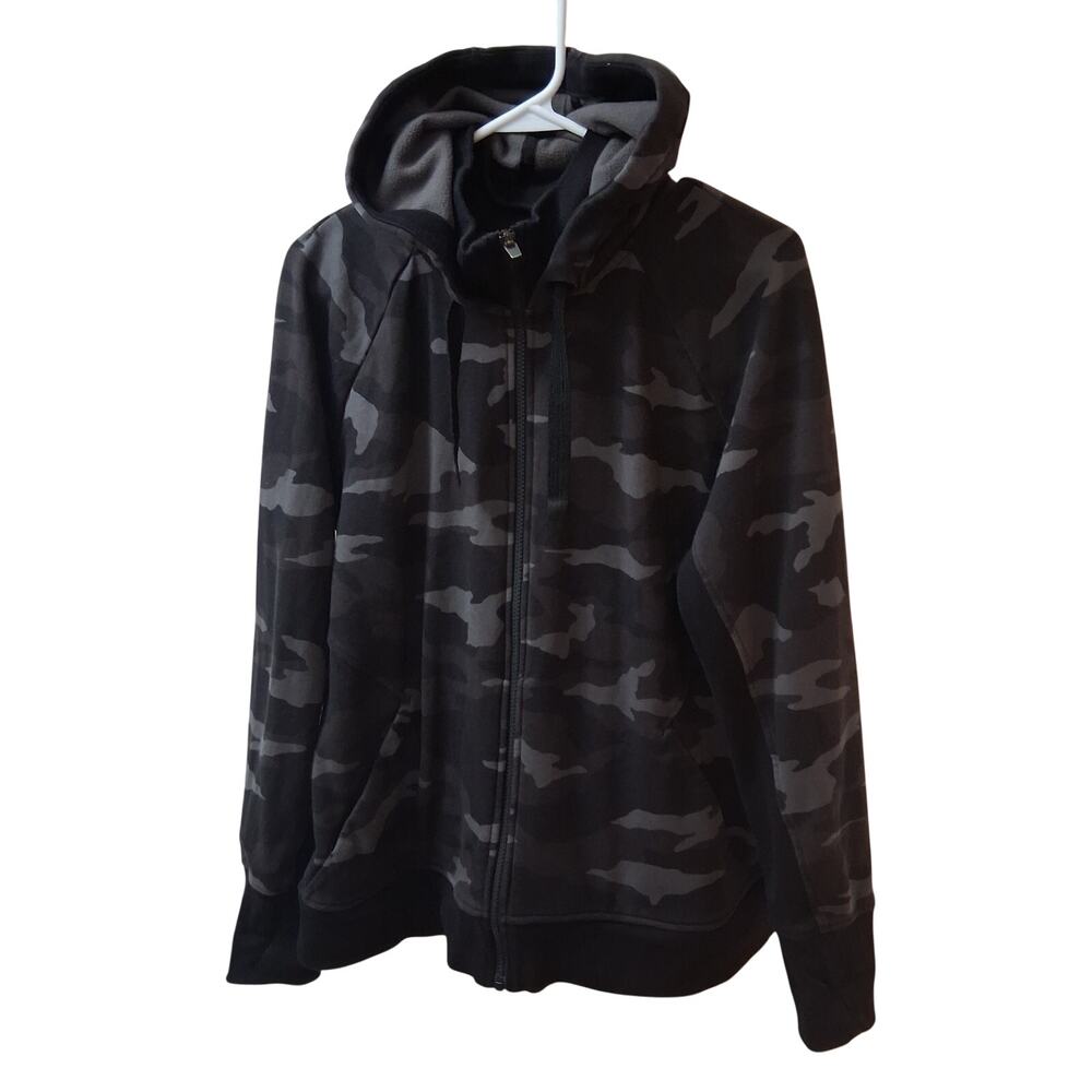 Athleta Women Hoodie Black and Grey Camouflage Full Zip Long Sleeves-XL
